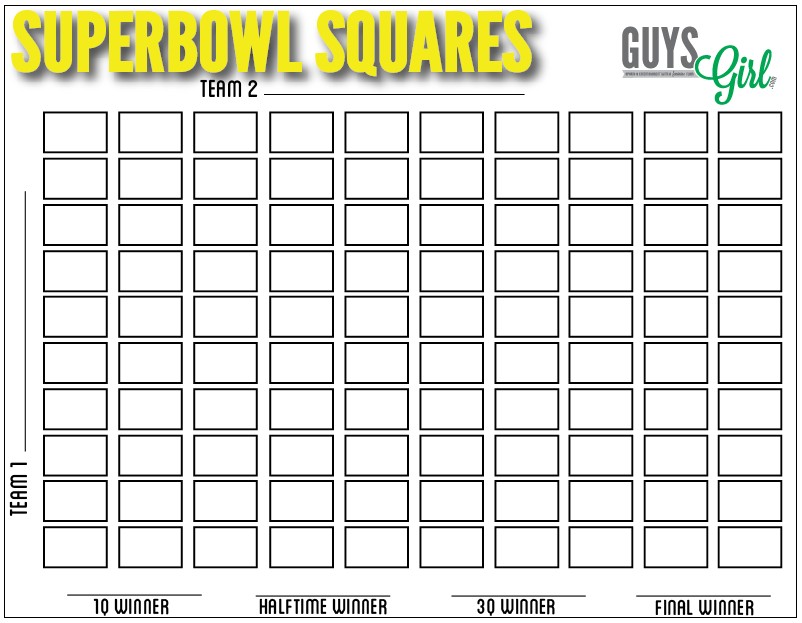 Free Printable Super Bowl Squares 100 grid for your NFL Pool