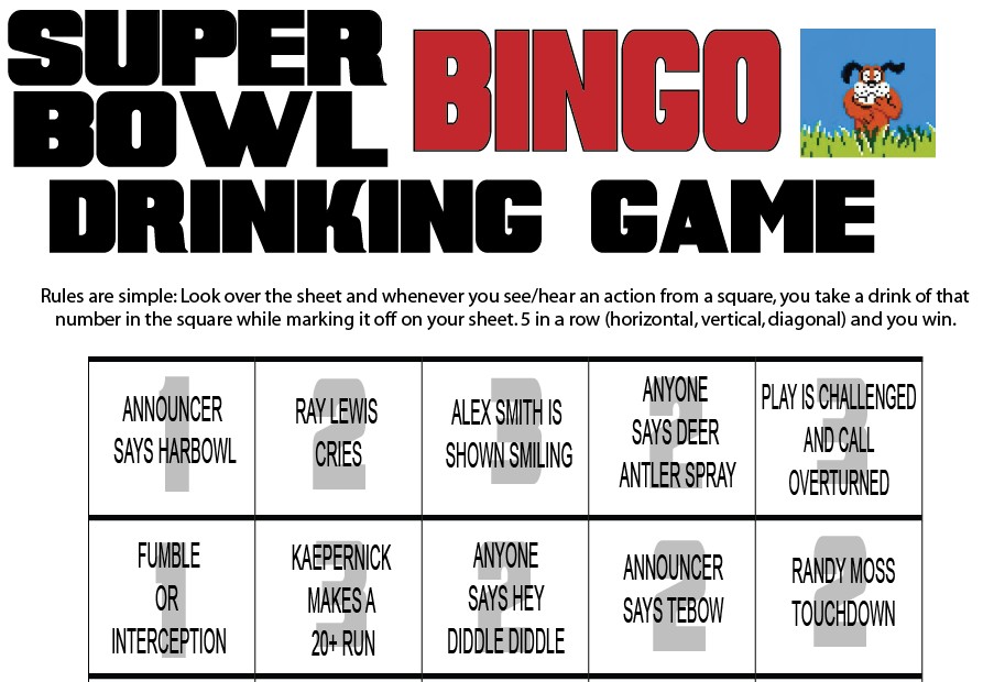SuperBowl Bingo Drinking Game That Involves Ray Lewis Crying and Alex Smith Smiling