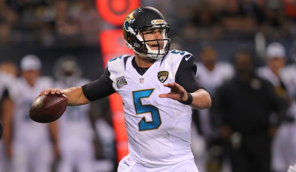 Aug 14, 2014; Chicago, IL, USA; Jacksonville Jaguars quarterback Blake Bortles (5) throws a pass during the first half of a preseason game against the Chicago Bears at Soldier Field. Mandatory Credit: Dennis Wierzbicki-USA TODAY Sports