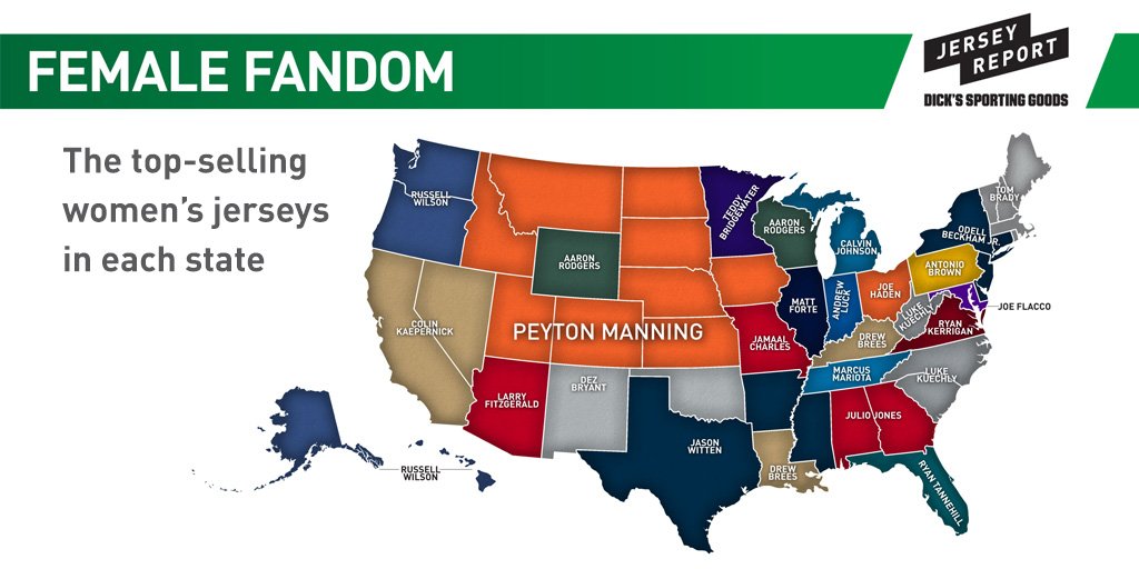 This map reveals the top selling NFL jerseys for female fans