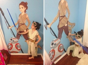 This little girl is a Star Wars fanatic, so her mom painted Rey on her bedroom wall